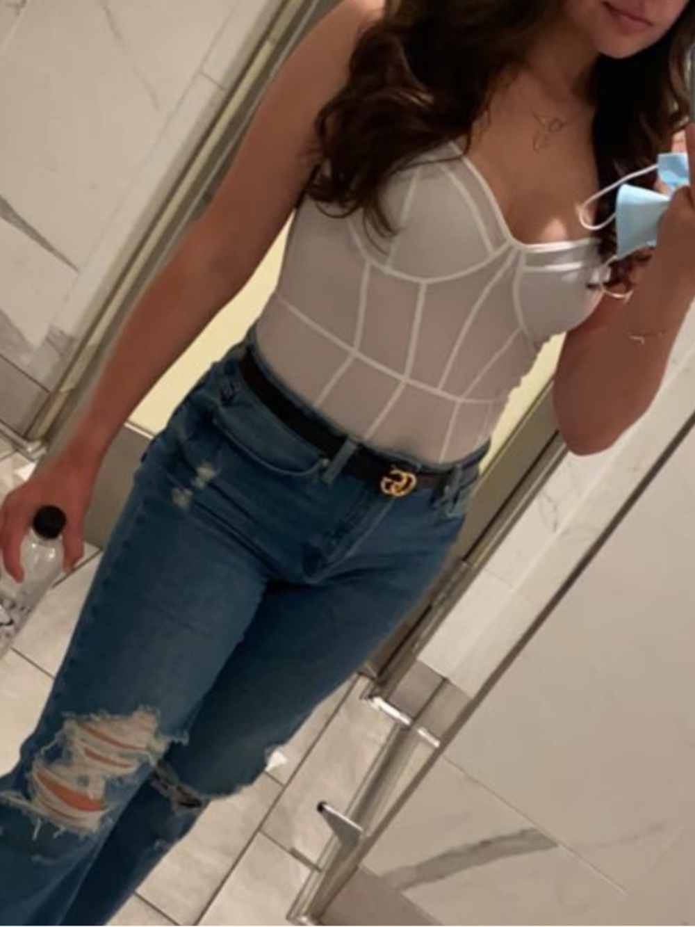 GUESS White Mesh Corset-Style Bodysuit